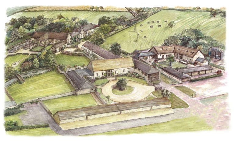 An illustrated arial photo of Caswell House.